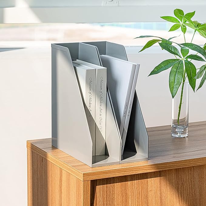 carrotez Open Front Magazine File Holder, Plastic Magazine Rack, Vertical File Organizers for Desk, Office Organization Essentials, 10.8" x 3.7" x 12.6" - 2 Pack, Grey