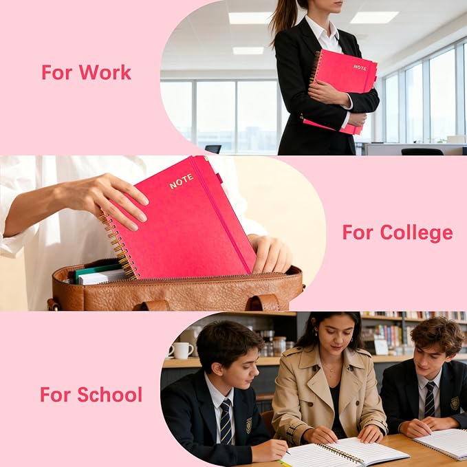 Hardcover Spiral Notebooks for Work 6.2"x 8.2", 300 Pages 5 Subject Notebook with Dividers & Tabs, A5 Spiral Journal for Women, College Ruled Notebook for School Note-Taking (Rose Red)