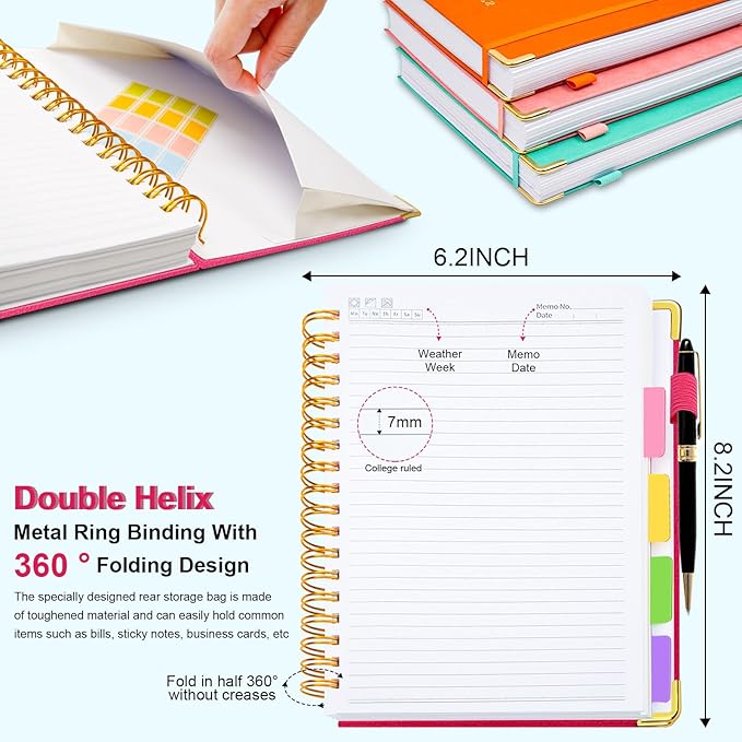 Hardcover Spiral Notebook 6.2"x 8.2" Journal Notebook with Tabs and Removable Dividers 300 Pages 5 Subject Notebook College Ruled, Faux Leather Spiral Bound Notebook for Women School Work(Rose Red)