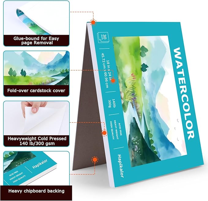 Hapikalor 18"x24" Large Watercolor Paper Pad, 1-Pack 30 Sheets 140lb/300gsm Artist Painting Large Drawing Pad, Art Supplies for Adults Kids, Watercolors, Watercolor Paint Set, Sketchbook, Teal