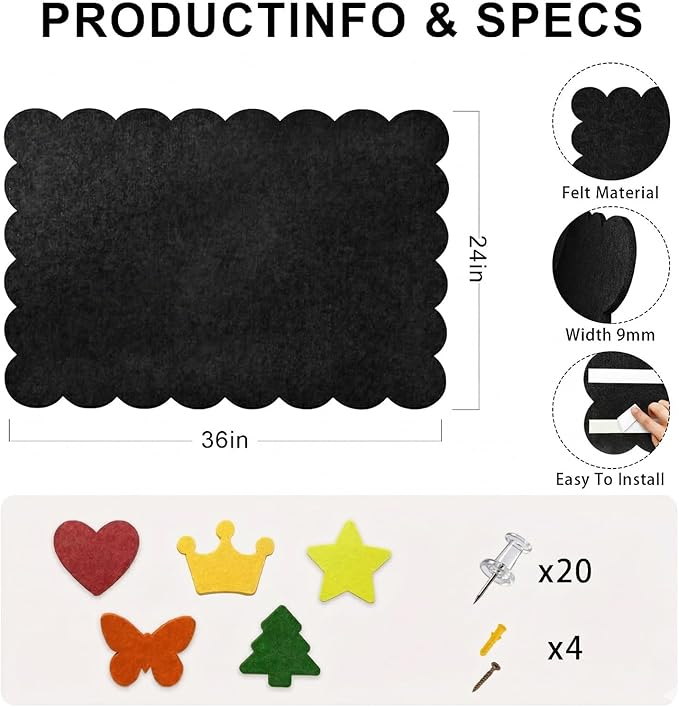 Scalloped Bulletin Board, 36x24 Scalloped Felt Bulletin Board, 3' by 2' Trifold Foldable Picture Display with 20 Pins & 5 Cute Decors - Black