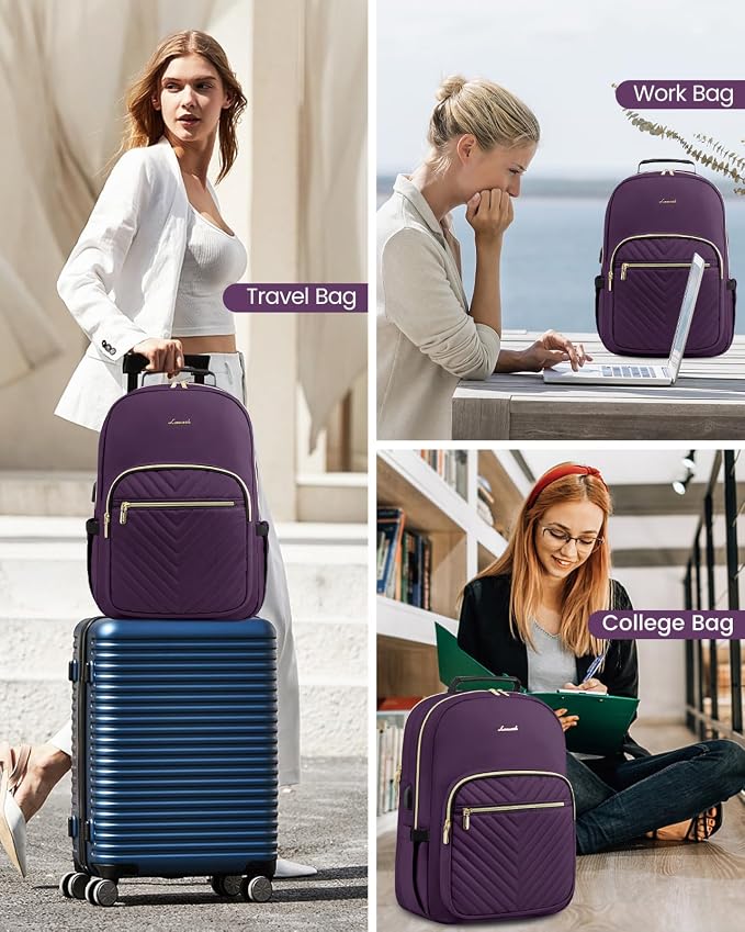 LOVEVOOK Laptop Backpack Purse for Women, Work Travel Computer Bags, College School Backpack for Student Girl, Quilted Casual Daypack with USB Port, Fit 15.6 Inch Laptop, Deep Plum