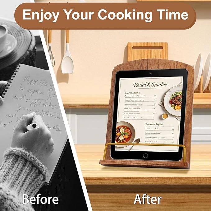 Wooden Cookbook Stand for Kitchen Countertop: Folding Wood Recipe Holder, Ergonomic Reading Stand for Large Hardcover Books and iPad, Ideal Gift for Mom and Grandma, Stable Non-Slip Desktop Bookrest