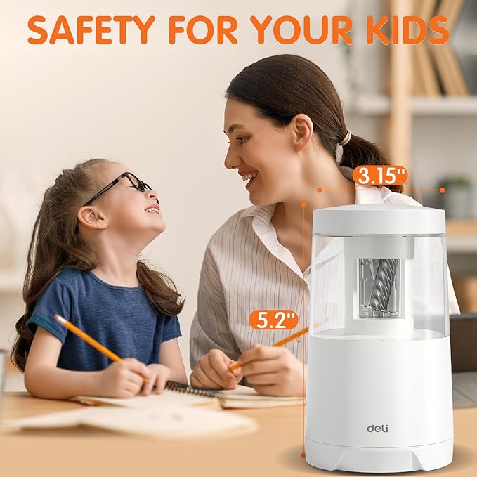 Deli Electric Pencil Sharpener, Automatic Pencil Sharpeners for No.2 Pencils Colored Pencils, Auto Stop, USB & Battery Operated for Students, Classroom, Home and Office, White