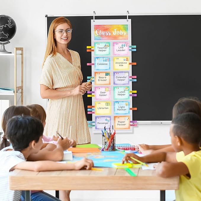 Pasimy Watercolor Class Jobs Pocket Chart Class Helpers Pocket Chart Classroom Jobs Cards with Clips and Hooks Teacher Helper Bulletin Board Set for Back to School Classroom Teacher Supplies