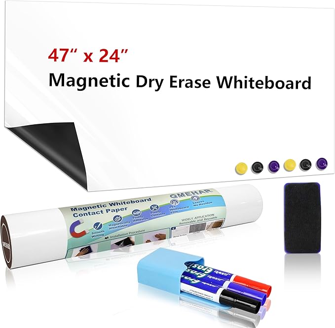 GMEHAR Magnetic Whiteboard Contact Paper, 47” x 24” Adhesive Dry Erase White Board for Wall,Peel and Stick Magnet Wallpaper for Home, Fridge, Kid’s Playroom, Office, Classroom