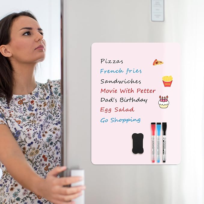 MaxGear Magnetic Pink Dry Erase Board Sheet 12"x8" for Refrigerator, Small Fridge Magnetic Whiteboard for Kitchen, Fridge Shopping List for Family Planner and Grocery List, 1 Eraser, 3 Markers