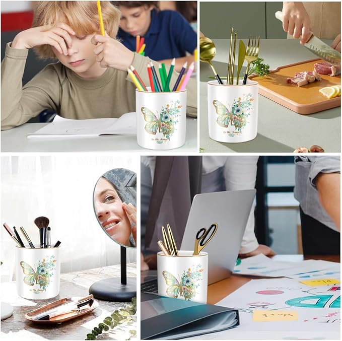 Cute Pen Holder for Desk, Ceramic Durable Pencil Cup, Simple&Modern Style Makeup Organizer, Multifunctional Office Supplies for Home, Kids and School, Butterfly Pattern