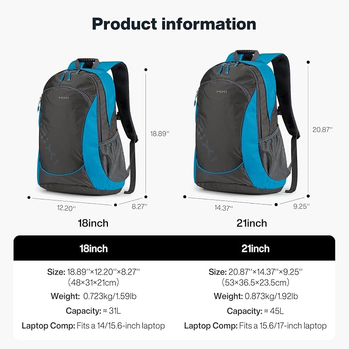 mixi 31L Ultra Lightweight Waterproof Travel Backpack, 18 inch Casual Daypack for Men Women, Durable Spacious Bag for Travel, Sports, Camping, Hiking & College, Blue