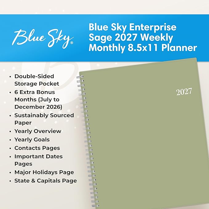 Blue Sky 2027 Weekly and Monthly Planner Calendar, Includes January 2027 - December 2027, 8.5" x 11", Flexible Cover, Wirebound, Laminated Tabs, Storage Pocket, Enterprise Sage Green