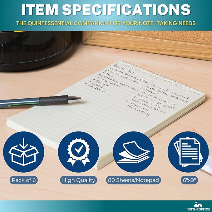 1InTheOffice Steno Pads Spiral 6x9, Spiral Note Pad, Gregg Ruled Spiral Notepad, Green Tint, 80 Sheets (6 Pack)