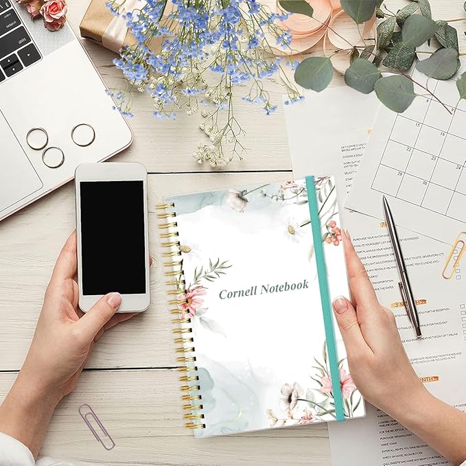Yaridar A5 Cornell Notes Notebook - College Spiral Cornell Notebooks for Note Taking, Subject College Ruled Steno Pads for Office/School/Home, 5.8" x 8.5", Pink Flower