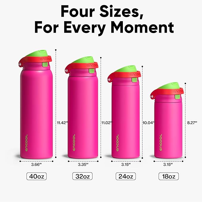 ENCOOL Leakproof Insulated Water Bottle with Straw Dual-Sip Water Bottle Bag-Safe Design for Work, Commute & Gym – Keeps Drinks Cold All Day, 24 oz, Neon Pink