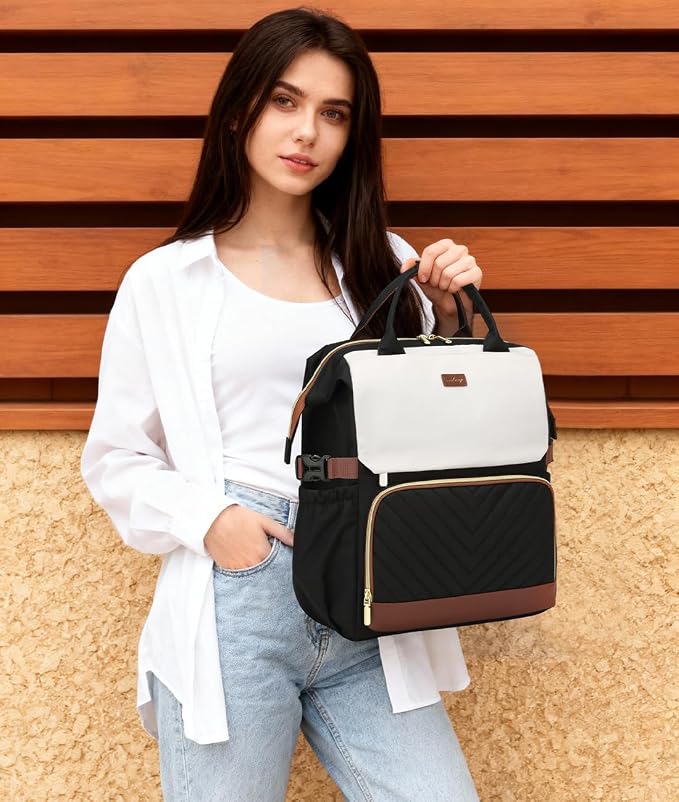 Bookbag for Women Laptop Backpack, Teacher Nurse Work Computer Bags with Cup Holder & USB Charger for Travel, School Bag College Back Pack for Girls, BlackWhiteBrown