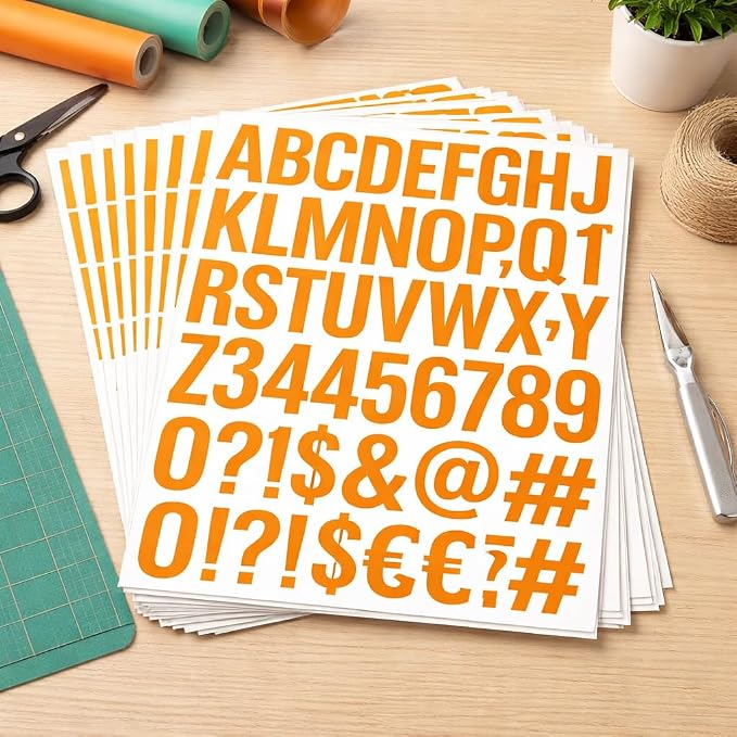 Vinyl Alphabet Stickers 2 Inch, 8 Sheets Large Letter Decals, Waterproof Self Adhesive Letters for Seasonal Decorations, Festival Signs and Handmade Craft Projects (Orange)