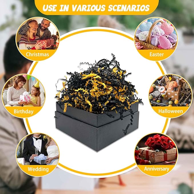 Tisspoms 3LB Black Gold Crinkle Cut Paper Shred Filler, Paper Shreds for Basket Fillers, Birthday, Gift Wrapping, Anniversary, Wedding, New Years, Christmas Gift Decor Party Filler