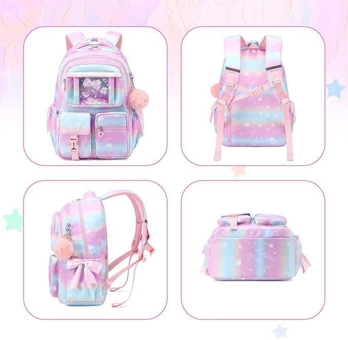PIG PIG GIRL Kids Backpack for Girls - School Bags for Middle School Students - Book Bag for Elementary Primary - Kawaii Ita Backpack - Pink Planet