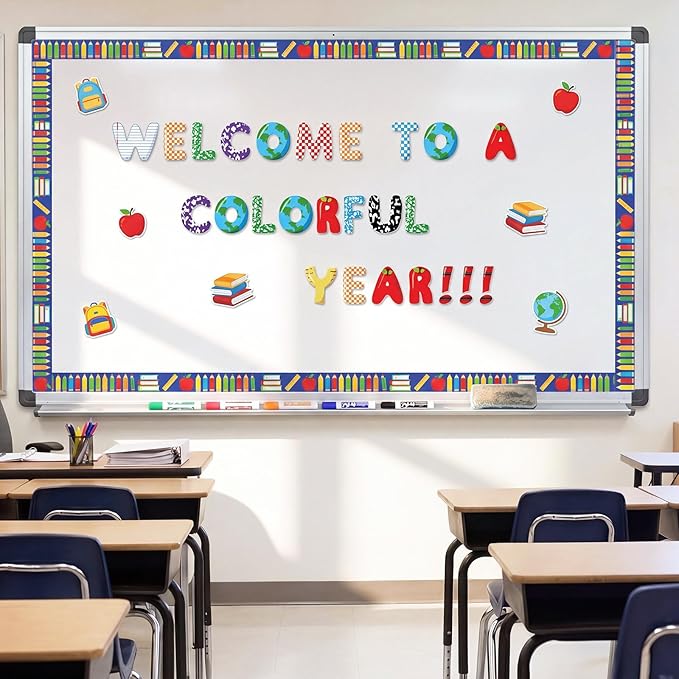 221 Pcs Pencil Apple Ruler Bulletin Board Letters, Round Alphabet Number Punctuation Symbol Combo Letter Cutouts, Colorful Classroom Decor for Summer School Classroom Chalkboard Poster Wall