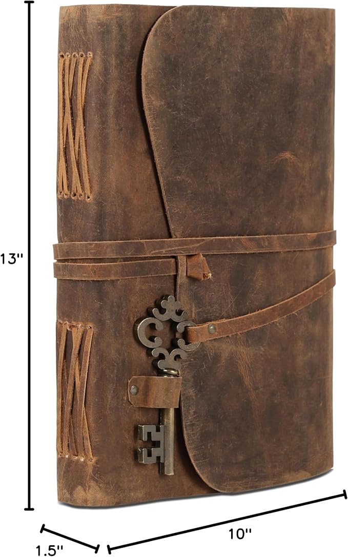 Leather Journal with Deckle Edge Paper 8x6 inch and Vintage Key | Handmade Writing Notebook Diary | Bound Daily Notepad for Men & Women Medium, Sketch/Writing pad for Artists