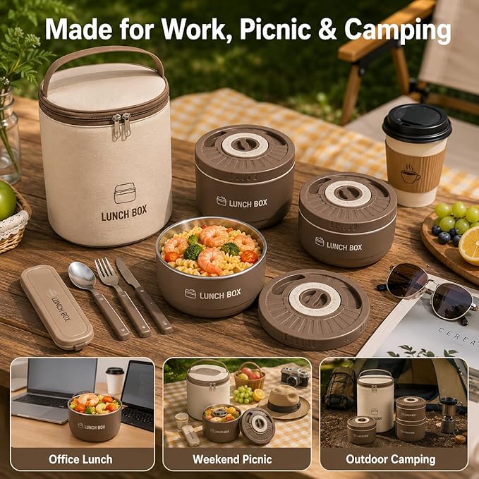 3 Pcs Insulated Lunch Box Set (47oz Total), Stackable Stainless Steel Thermal Food Container with Bag, Portable Bento Box for Hot Food, Leakproof Design with Knife, Fork & Spoon