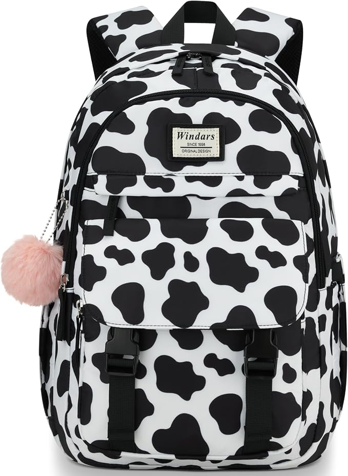 WINDARS School Backpack for Teen Girls, Cute College Backpacks for Women Students Aesthetic Bookbag Large 15.6 Inch Laptop Bag Middle School Travel Back Pack (Cow Print Black)