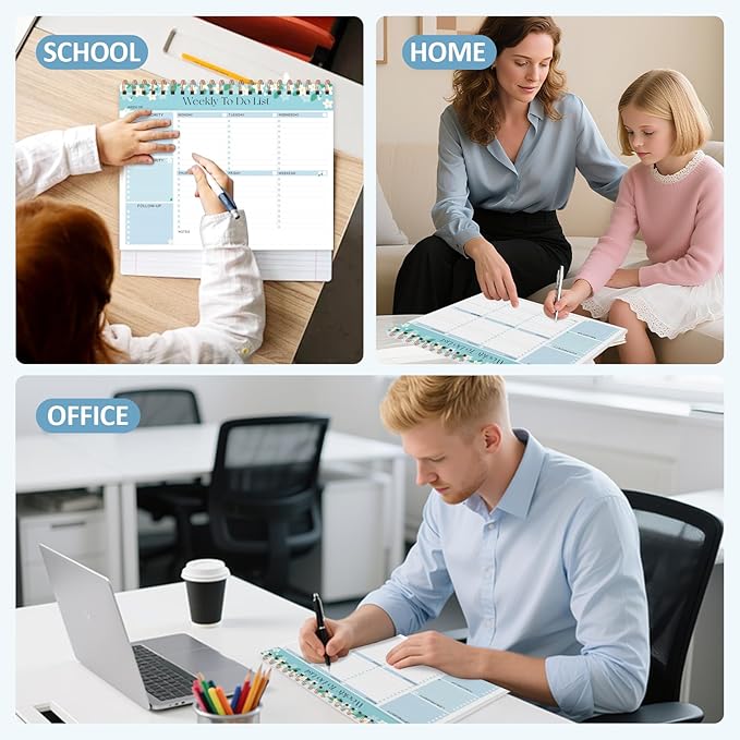 Weekly To Do List Notepad, 52 Sheets Undated Weekly Planner, 8.5"x11" Letter Size Horizontal Desk Pad with 100GSM Thick Paper, Twin-Wire Spiral Bound Tear Off Lined Organizer for Office Work, School & Home
