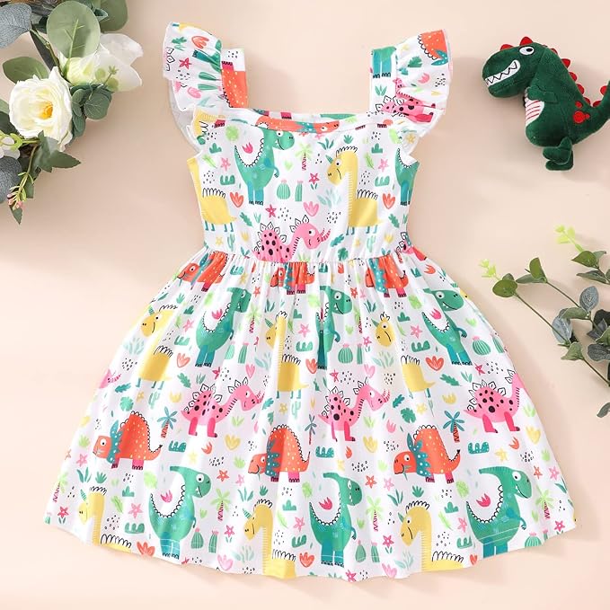 Popshion Girls Dresses Flutter Sleeve Swing Sundress Toddler Summer Clothes Kid Birthday Party Sleeveless Dress 1-8 Years Old