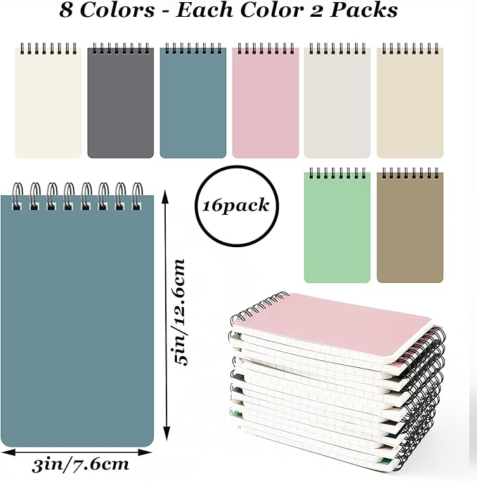 16Pack Pocket Notebook Wide Ruled 9MM , 3 x 5 Inches 60 Sheets/120 Pages Small Top Bound Steno Pads Bulk, Mini Spiral Notebooks With Lined Pages, Mini Spiral Notepads With Color Cover, Small Note Pads For Work Journal, Grocery list,Diary (16)