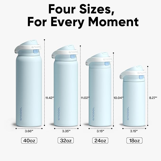 ENCOOL Leakproof Insulated Water Bottle with Straw Dual-Sip Water Bottle Bag-Safe Design for Work, Commute & Gym – Keeps Drinks Cold All Day, 24 oz, Frost Blue
