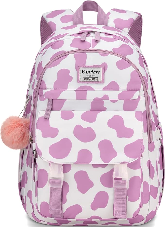 WINDARS School Backpack for Teen Girls, Cute College Backpacks for Women Students Aesthetic Bookbag Large 15.6 Inch Laptop Bag Middle School Travel Back Pack (Cow Print Purple)
