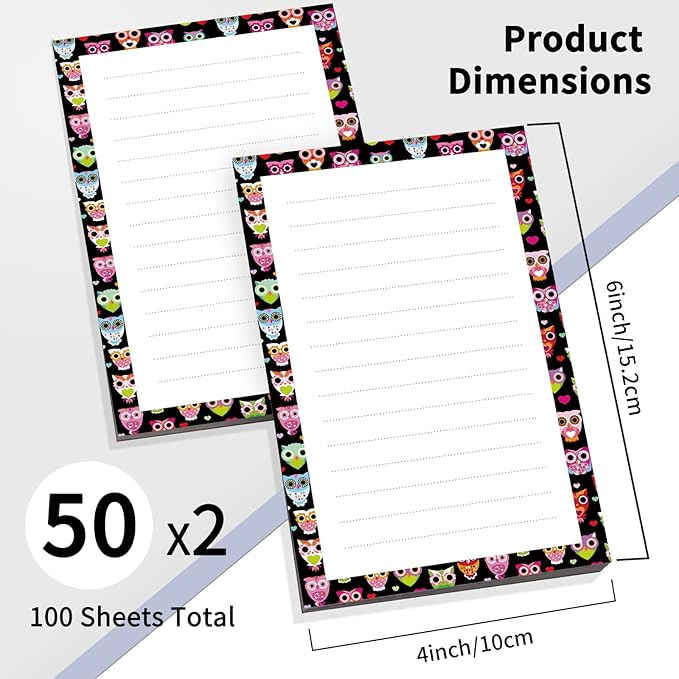 2 Pack Lined Sticky Notes 4x6 in, Cute Self-Stick Notepads with Lines, Large Memo Pads Strong Adhesive for Office, Home Colorful Boho Owls
