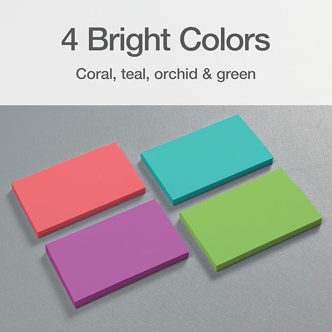 Oxford Blank Index Cards, Blank Note Cards, Flashcards for School, 4 Assorted Bright Colors: Coral, Green, Teal and Orchid, 3 Inch x 5 Inch, 200 Cards Per Pack (1017489)
