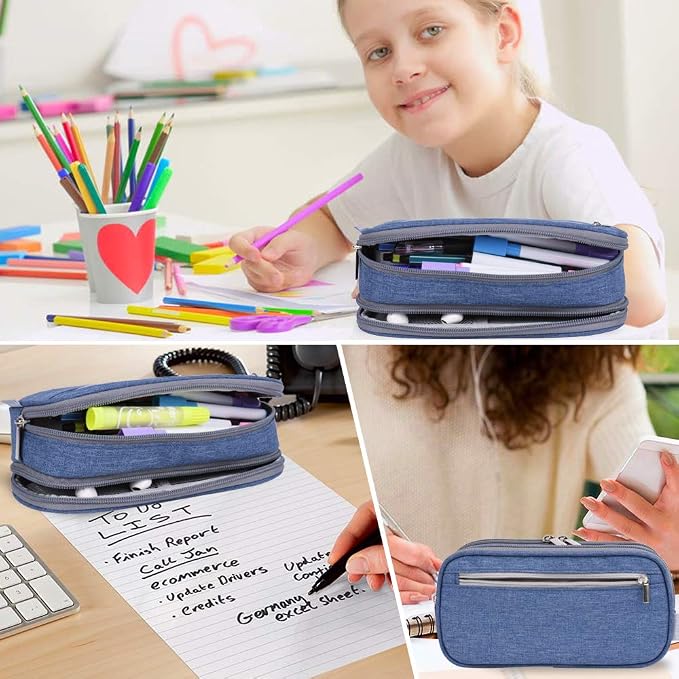 Big Capacity Pencil Case Large Pencil Bag Pouch Pen Case Pencil Marker Holder with High Storage for Office Desk Organizer Supplies Cosmetic Makeup Bag, Blue