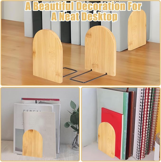 CHGCRAFT 2 Pair Bamboo Bookend Anti Slip Book Stand for Home Decor Desktop Bookshelf Ends for Books Magazine Storage Display, Sandy Brown