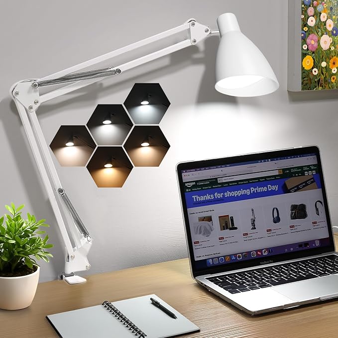 Led Desk Lamp for Home Office - Adjustable Gooseneck Table Stand with Clamp 5 Color Modes and 10 Brightness for Architect Puzzle Light Reading Craft Computer Work Study Sewing(White)