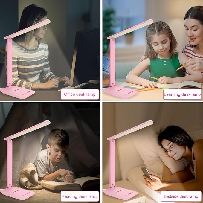 shinelife LED Desk Lamp for Office Home, Bright Desk Light with USB Charging Port, Adjustable Dimmable Desk Lamps 5 Modes 5 Brightness, Touch Study Lamp for Nail, Craft, Puzzle, Sewing, Study, Pink