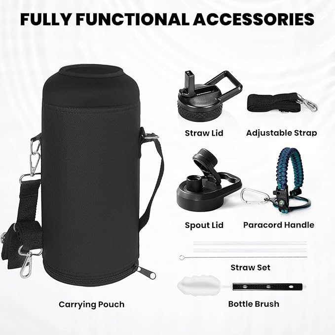 RAYMYLO Insulated Water Bottle 87 oz, Triple Wall Vacuum Stainless Steel (Cold for 48 Hrs), Leak Proof & Non-BPA, Modern Water Flask Jug with Paracord Handle & Straw Spout Lids, Cyan Blue