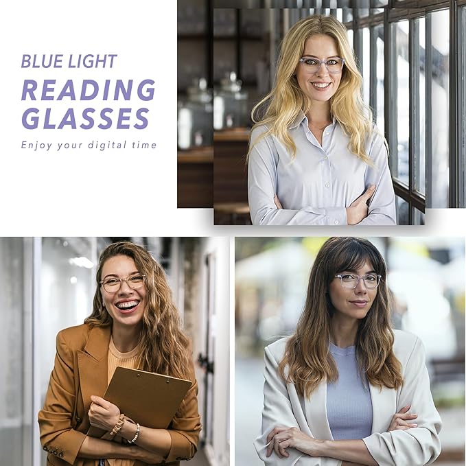 Bifocal Reading Glasses for Women, Blue Light Blocking Computer Readers with Spring Hinges, Retro Square Frame