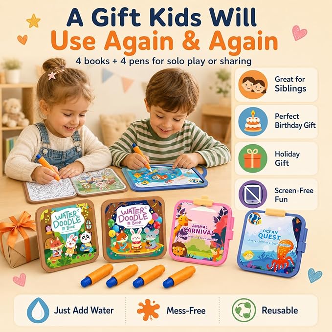 Water Coloring Book for Toddlers Ages 3-5 - 4 Pack Reusable Mess Free Magic Paint with Water Books, 36 Pages Activity Set + 4 Water Pens, Travel Toys for Kids Boys Girls Preschool Learning