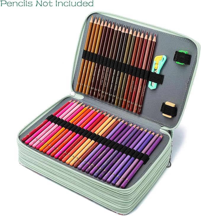 YOUNGCOL 200 Slots Colored Pencil Case Color Pencil Organizer Storage Large Capacity Pencil Case (Green + Sunflower)