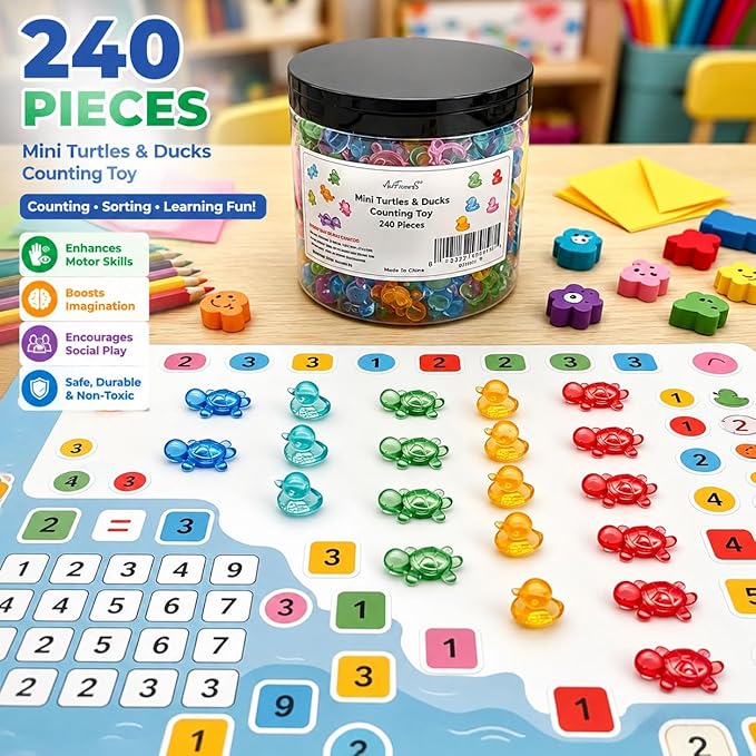 240PCS Translucent Counting Toys for Preschool, Turtle & Duck Sorting Manipulatives, Montessori Math Counters, Sensory Bin Fillers, Classroom Learning Toys for Toddlers with Storage Box