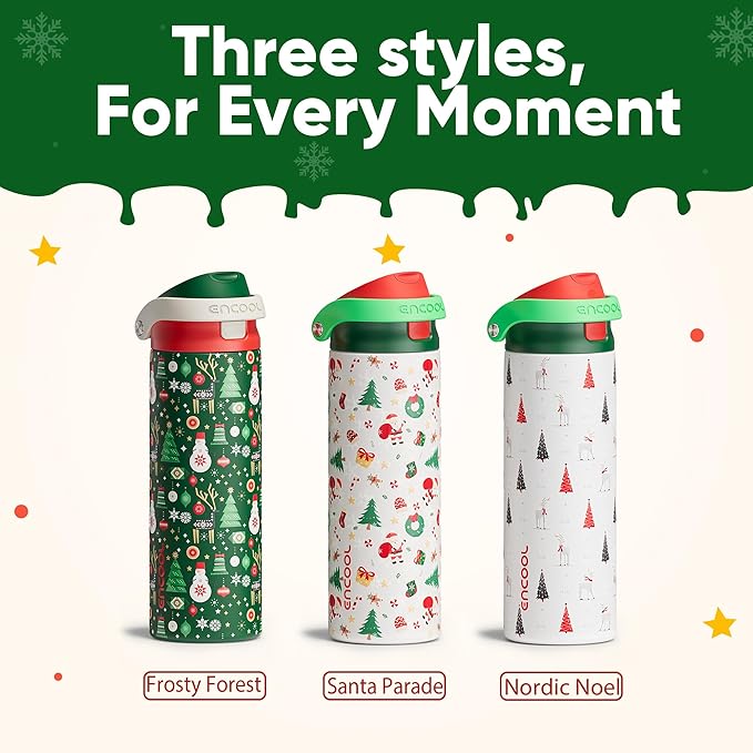 Christmas Insulated Water Bottle with Straw - Leak Proof Stainless Steel Water Bottle for School, Travel, Keeps Cold All Day, One-Touch Flip Lid, Holiday Gifts For Women Men, 24 oz, Santa Parade