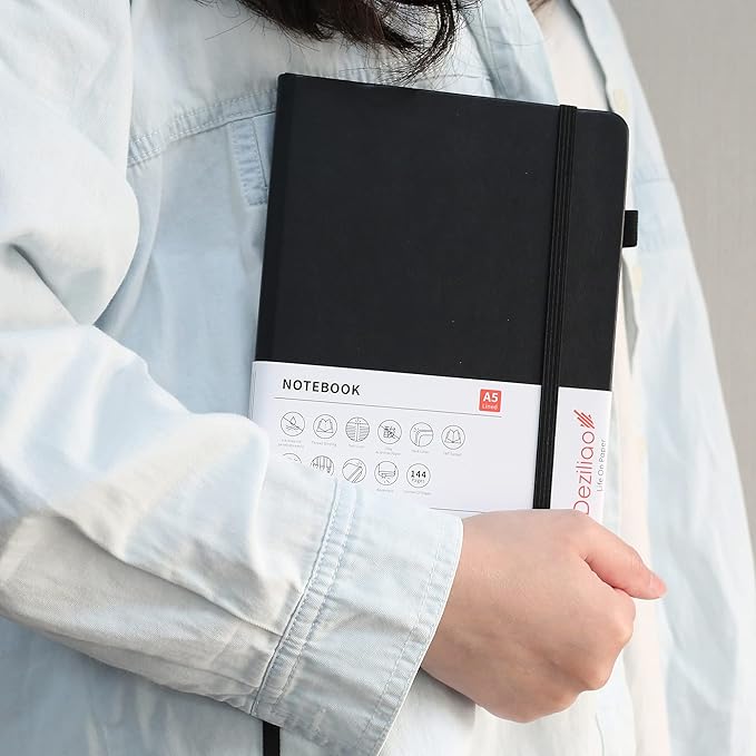 Lined Journal Notebooks with Pen Loop, Hardcover Notebook Journal for Work, 100Gsm Premium Thick Paper with Inner Pocket, Medium 5.7"x8.4", (Black, Ruled)