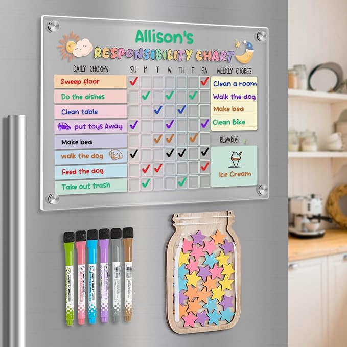 Acrylic Magnetic Kids Chore Board & Star Reward Jar - Dry Erase Fridge Calendar with Erasable Markers, Wooden Stars & DIY Stickers for Visual Schedule, Behavior Tracking & Potty Training Toddlers
