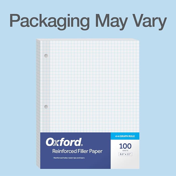 Oxford Graph Paper, 100 Sheets, 4x4 Quad Ruled, Reinforced 3 Hole Punched