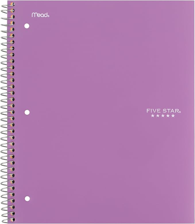 Five Star Spiral Notebook + Study App, 5 Subject, Wide Ruled Paper, 8" x 10-1/2", 200 Sheets, Fights Ink Bleed, Water Resistant Cover, Amethyst Purple (38739) (Pack of 6)