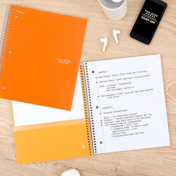 Five Star Spiral Notebook + Study App, 2 Subject, College Ruled, 8-1/2" x 11", 120 Sheets, Fights Ink Bleed, Purple, Orange, Green, Blue, Gray, Black, Color Will Vary, 1 Count (824230)