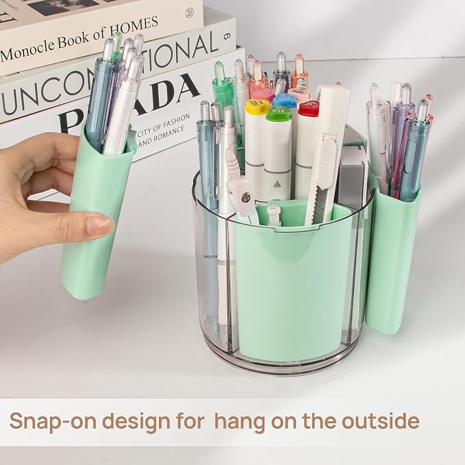 360° Rotating Pen Holder for Desk Adjustable Pencil Organizer, Green | Plastic Pen Cup for Women Cute Office Supplies and Accessories Desktop Storage Box Art Caddy for School, Work, Home