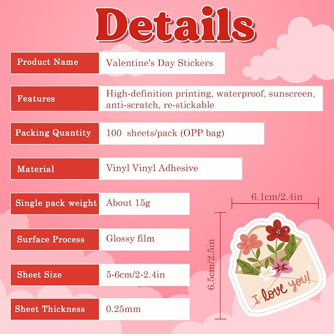 OHOME Valentines Stickers - 100 PCS Heart Stickers for Kids Classroom School - Valentines Day Crafts Gifts Treats Decor Cards Scrapbooking Decorations Supplies - Valentine's Party Favors