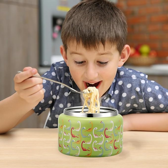 JXXM 8 Oz Thermo Food Jar for Hot & Cold Food for Kids, Insulated Lunch Containers Hot Food Jar,Leak-Proof Vacuum Stainless Steel Wide Mouth Lunch Soup Thermo for School (Green-Colorful Dinosaur)
